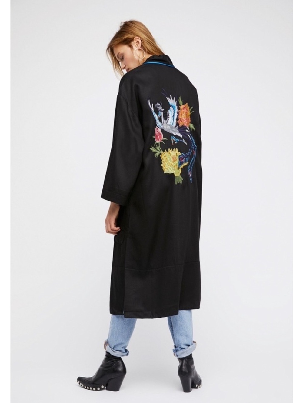 Rare Free People Embroidered Slouchy Duster Peacock Kimono Jacket XS Small